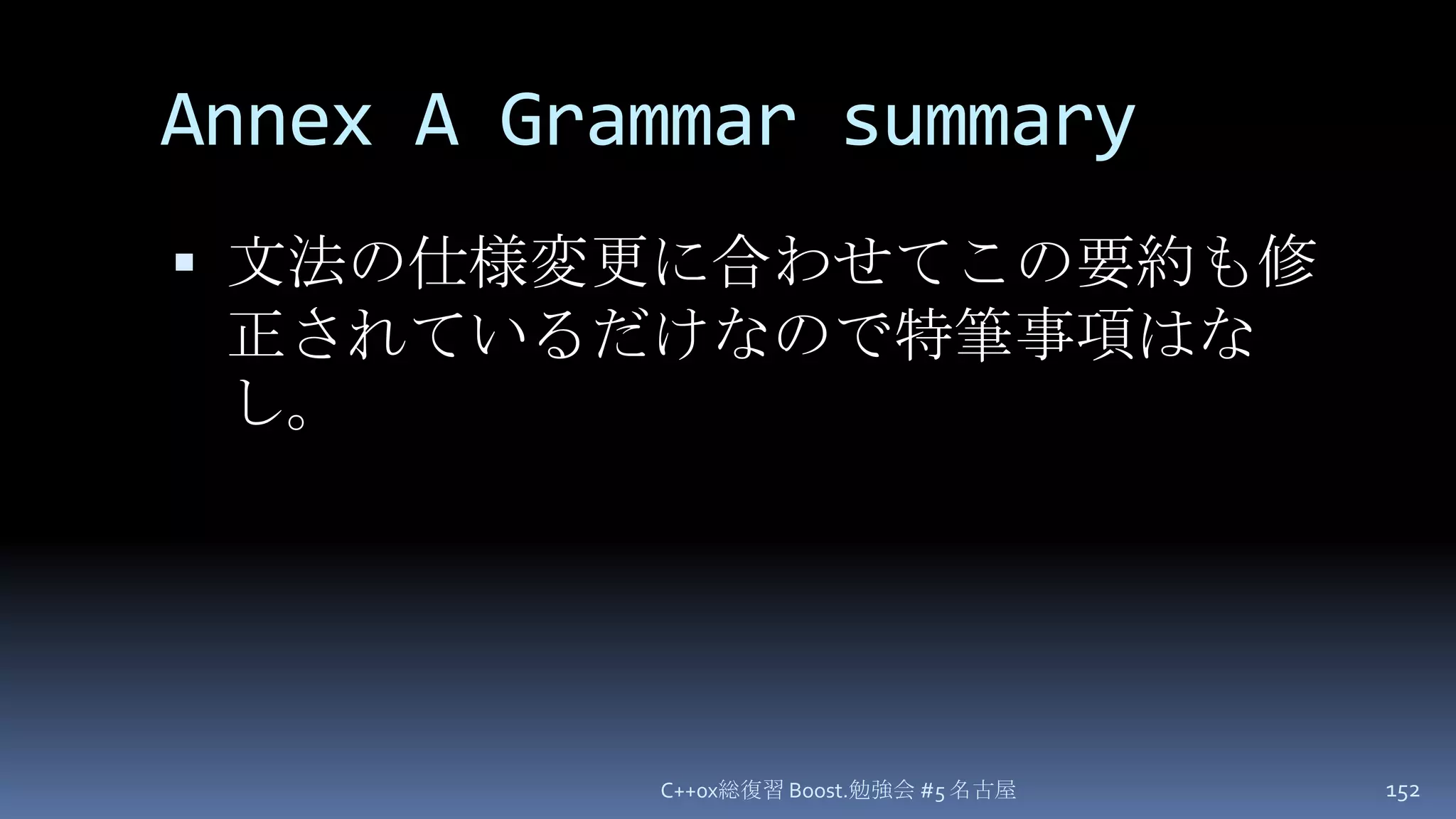 Annex A Grammar summary文法の仕様変更に合わせてこの要約も修正されているだけなので特筆事項はなし。C++0x総復習 Boost.勉強会 #5 名古屋152