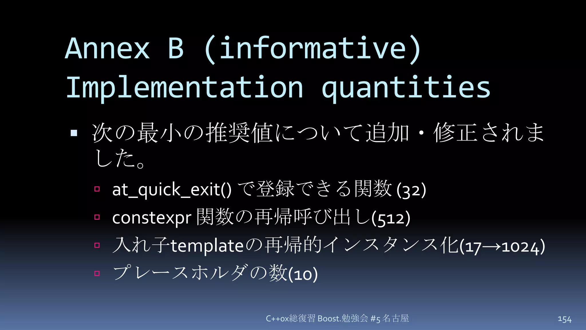 Annex B (informative) Implementation quantities次の最小の推奨値について追加・修正されました。at_quick_exit() で登録できる関数 (32)constexpr 関数の再帰呼び出し(512)入れ子templateの再帰的インスタンス化(17->1024)プレースホルダの数(10)C++0x総復習 Boost.勉強会 #5 名古屋154