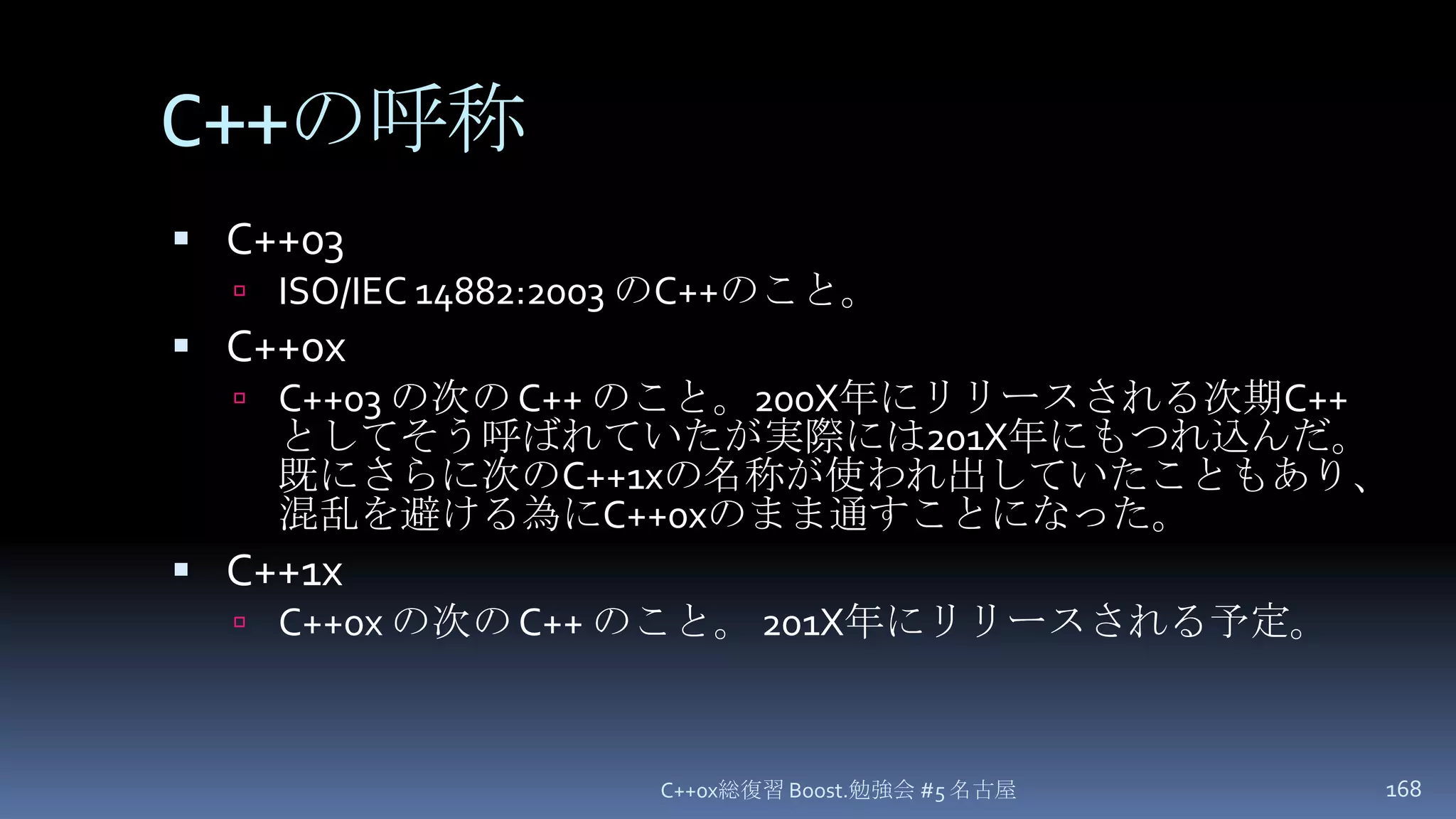 C++の呼称C++03ISO/IEC 14882:2003 のC++のこと。C++0xC++03 の次の C++ のこと。200X年にリリースされる次期C++としてそう呼ばれていたが実際には201X年にもつれ込んだ。既にさらに次のC++1xの名称が使われ出していたこともあり、混乱を避ける為にC++0xのまま通すことになった。C++1xC++0x の次の C++ のこと。201X年にリリースされる予定。C++0x総復習 Boost.勉強会 #5 名古屋168