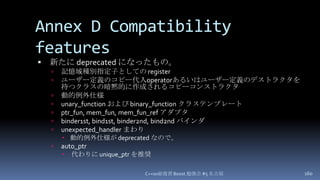 Annex D Compatibility features,[object Object],新たに deprecated になったもの。,[object Object],記憶域種別指定子としての register,[object Object],ユーザー定義のコピー代入operatorあるいはユーザー定義のデストラクタを持つクラスの暗黙的に作成されるコピーコンストラクタ,[object Object],動的例外仕様,[object Object],unary_functionおよび binary_functionクラステンプレート,[object Object],ptr_fun, mem_fun, mem_fun_refアダプタ,[object Object],binder1st, bind1st, binder2nd, bind2nd バインダ,[object Object],unexpected_handlerまわり,[object Object],動的例外仕様が deprecated なので。,[object Object],auto_ptr,[object Object],代わりに unique_ptrを推奨,[object Object],C++0x総復習 Boost.勉強会 #5 名古屋,[object Object],160,[object Object]