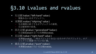 §3.10 Lvalues and rvalues,[object Object],左辺値 lvalue ( “left-hand” value ),[object Object],関数あるいはオブジェクト。,[object Object],末期値 xvalue ( “eXpiring” value ),[object Object],生存期間の終了するオブジェクトの参照。,[object Object],右辺値参照の結果。,[object Object],汎左辺値 glvalue ( “generalized” lvalue ),[object Object],左辺値(lvalue)あるいは末期値(xvalue)。,[object Object],右辺値 rvalue ( “right-hand” value ),[object Object],末期値(xvalue)、一時オブジェクトあるいはそのサブオブジェクト、オブジェクトに関連づいていない値。,[object Object],純右辺値 prvalue ( “pure” rvalue ),[object Object],末期値(xvalue)でない右辺値(rvalue)。,[object Object],C++0x総復習 Boost.勉強会 #5 名古屋,[object Object],26,[object Object]