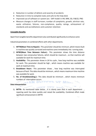 Reduction in number of defects and severity of accidents
       Reduction in time to complete tasks and calls to the help desk
       Improved use of software or system (ex:- SAP model in HR, MM, SD, FI&CO, PM)
       Measure changes in staff turnover, number of complaints, growth, attrition rate,
       waste utilization, failures, non-compliance, quality ratings, achievement of
       standards and accreditations and customer retention

Intangible Benefits

Apart from tangible benefits department also contributed significantly to enhance some

Industrial parameters in combined efforts with other departments.

   1. MTTR(Mean Time to Repair):- This parameter should be minimum ,which means fault
      in machine was quickly corrected and machine came immediately into running state.
   2. MTBF(Mean Time Between Failure):- This parameter shows the time distance
      between two consecutive failures, which should be maximum , so that machine will
      available for work for maximum time.
   3. Availability:- This parameter shows in 24 hrs cycle , how long machine was available
      for work. This parameter should be high , which means machine was available for
      work at maximum time.
   4. Breakdown Hours:- This parameter shows , how long machine was interrupted
      because of fault. This data should be minimum , which means maximum time machine
      was available for work.
   5. No. of Breakdown(Avg.):- This data should be minimum , which means minimum
      numbers of interruption occurs.

Data Interpretation

   1. MTTR:- As mentioned table below , it is clearly seen that in each department ,
      repairing work has done quickly and raised the availability. Combined effort made
      significant enhancement in MTTR




                                             47
 