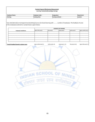 Training Program Effectiveness Measurement
                                                  Learning Evaluation(Knowledge sharing)
 .
     Employee Name-                          Employee Code -                        Designation-                                     Department-
     Training-                               Training Date-                         Training Institute -                             Location-



 I have attended above training/seminar/workshop/course and shared learning with …………number of employees. The feedback of some
  of the employees( selected on sample basis) is given below :

                                                                                        FEEDBACK ON TRAINING
                      Employee Code/Name      Highly Effective(5)        Effective(4)           Moderate(3)       Ineffective(2)        Highly Ineffective(1)
1.
2.
3.
4.
5.


     Overall Feedback based on above score    Highly Ineffective(0-5)    Ineffective(6-10)      Moderate(11-15)   Effective(16-20)      Highly Effective(21-25)




                                                                        65
 