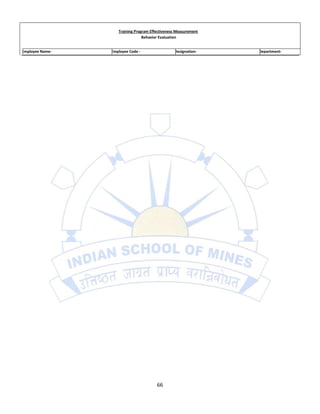 Training Program Effectiveness Measurement
                                     Behavior Evaluation
.
    Employee Name-   Employee Code -    Signature of HOD / In-Charge
                                                     Designation-      Department-




                                            66
 
