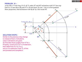 PROBLEM 10 :-
A line AB is 75 mm long. It’s Fv & Tv make 450 and 600 inclinations with X-Y line resp
End A is 15 mm above Hp and VT is 20 mm below Xy line. Line is in first quadrant.
Draw projections, find inclinations with Hp & Vp. Also locate HT.
X Y
VT’
v
15
20
Locus of a & a1’ a1’
b1’
b1
a1
b’
a’
b
a
FV
TV
HT
h’
450
600


SOLUTION STEPS:-
Similar to the previous only change
is instead of line’s inclinations,
views inclinations are given.
So first take those angles from VT & v
Properly, construct Fv & Tv of extension,
then determine it’s TL( V-a1)
and on it’s extension mark TL of line
and proceed and complete it.
 