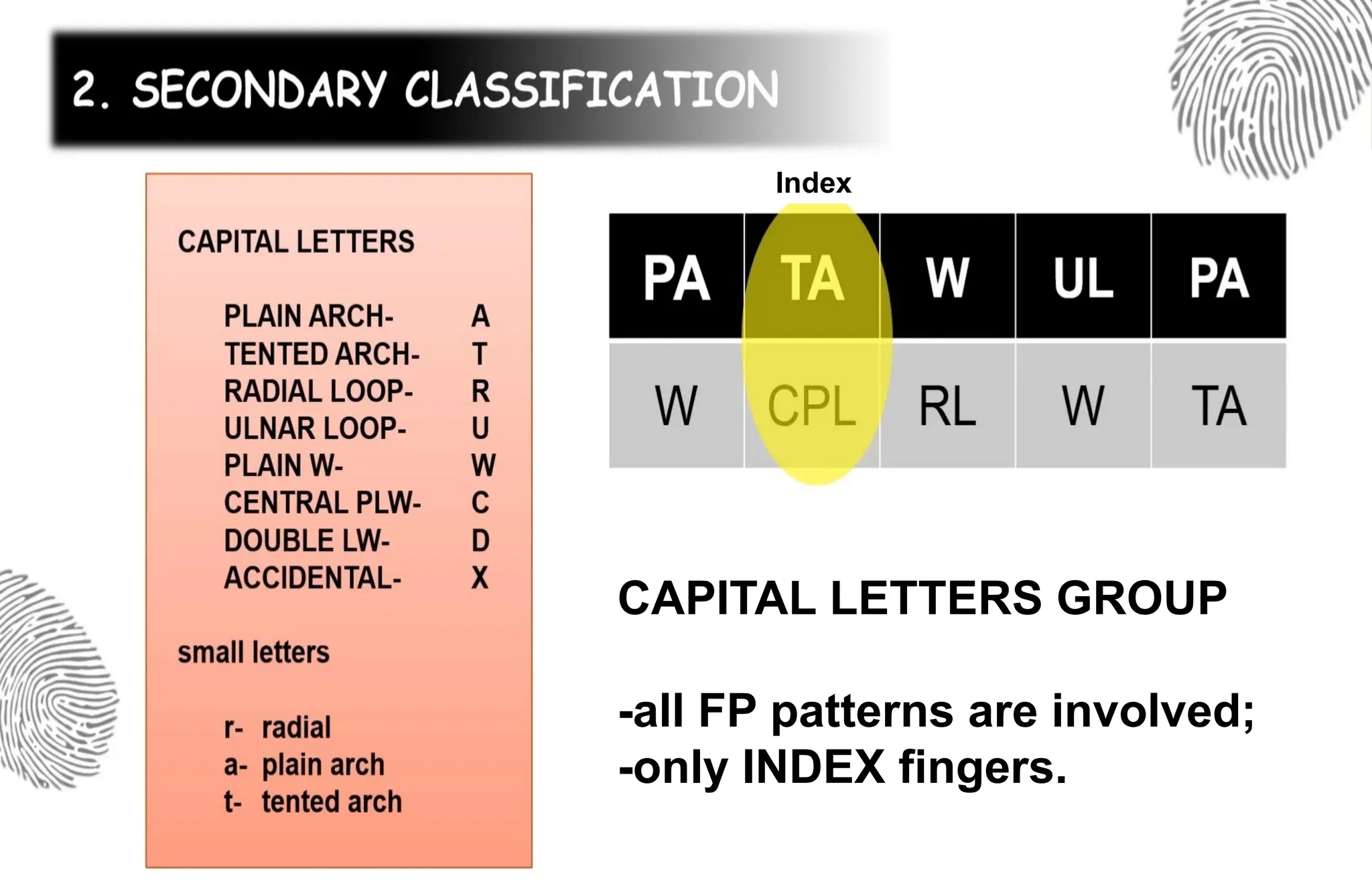 CAPITAL LETTERS GROUP
-all FP patterns are involved;
-only INDEX fingers.
Index
 