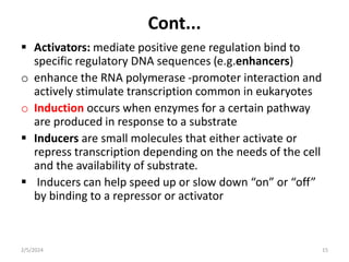Cont...
 Activators: mediate positive gene regulation bind to
specific regulatory DNA sequences (e.g.enhancers)
o enhance the RNA polymerase -promoter interaction and
actively stimulate transcription common in eukaryotes
o Induction occurs when enzymes for a certain pathway
are produced in response to a substrate
 Inducers are small molecules that either activate or
repress transcription depending on the needs of the cell
and the availability of substrate.
 Inducers can help speed up or slow down “on” or “off”
by binding to a repressor or activator
2/5/2024 15
 
