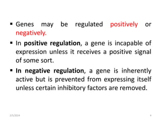  Genes may be regulated positively or
negatively.
 In positive regulation, a gene is incapable of
expression unless it receives a positive signal
of some sort.
 In negative regulation, a gene is inherently
active but is prevented from expressing itself
unless certain inhibitory factors are removed.
2/5/2024 4
 