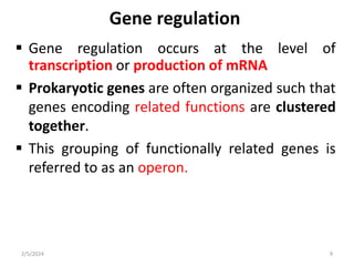 Gene regulation
 Gene regulation occurs at the level of
transcription or production of mRNA
 Prokaryotic genes are often organized such that
genes encoding related functions are clustered
together.
 This grouping of functionally related genes is
referred to as an operon.
2/5/2024 9
 