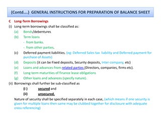 (Contd….)  GENERAL INSTRUCTIONS FOR PREPARATION OF BALANCE SHEET
C Long‐Term Borrowings 
         g                 g
(i) Long‐term borrowings shall be classified as:
     (a) Bonds/debentures
     ( )
     (b) Term loans
            ‐ from banks.
            ‐ from other parties.
     ( )
     (c) Deferred payment liabilities. (eg: Deferred Sales tax  liability and Deferred payment for 
                     p y                 ( g                            y              p y
            purchase of Assets)
     (d) Deposits (it can be Fixed deposits, Security deposits, Inter‐company, etc)
     (e) Loans and advances from related parties (Directors, companies, firms etc).
     (f)    Long term maturities of finance lease obligations
     (g) Other loans and advances (specify nature). 
(ii) Borrowings shall further be sub‐classified as
            (i )     secured and
            (ii)     unsecured.
     Nature of security shall be specified separately in each case, (which means if one security is 
     given for multiple loans then same may be clubbed together for disclosure with adequate 
     cross referencing)
 