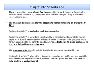 Insight into Schedule VI
•   There is a need to change almost five decades old existing Schedule VI (herein after 
    referred as old Schedule VI) to keep the pace with the changes taking place in the 
    international arena.

•   The financials to be prepared for the accounting year commencing on or after 01‐04‐
    Th fi     i l t b           d f th          ti               i          ft 01 04
    2011.

•   Revised Schedule VI is applicable to all the companies.
    Revised Schedule VI is applicable to all the companies

•   Revised Schedule VI is silent for its applicability to consolidated financial statements, 
    as per AS – 21 which requires consolidated financial statement to be prepared in the 
       p                    q                                                p p
    format as adopted by its parent’s standalone, revised schedule VI is also applicable to 
    the consolidated financial statements.

•   The comparative figures of 2010‐11 shall also be presented in revised format.
    Th          i fi         f 2010 11 h ll l b              di      i df

•   Unlike old Schedule VI where the option of horizontal or vertical format was available, 
    revised Schedule VI presentation of Balance sheet and profit and loss account shall 
    revised Schedule VI presentation of Balance sheet and profit and loss account shall
    only be done in vertical format.
 