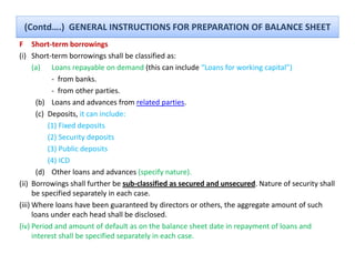 (Contd….)  GENERAL INSTRUCTIONS FOR PREPARATION OF BALANCE SHEET
F Short‐term borrowings
(i) Short‐term borrowings shall be classified as:
      (a) Loans repayable on demand (this can include “Loans for working capital”)
             ‐ from banks.
             ‐ from other parties.
        (b) Loans and advances from related parties. 
        (c) Deposits, it can include: 
            (1) Fixed deposits 
            (2) Security deposits 
            (3) Public deposits 
            (4) ICD
        (d) Other loans and advances (specify nature).
(ii) Borrowings shall further be sub‐classified as secured and unsecured. Nature of security shall 
      be specified separately in each case.
(iii) Where loans have been guaranteed by directors or others, the aggregate amount of such 
      loans under each head shall be disclosed.
(iv)
( ) Period and amount of default as on the balance sheet date in repayment of loans and 
            d d               fd f l         h b l       h  d                 fl        d
      interest shall be specified separately in each case. 
 