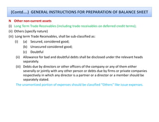(Contd….)  GENERAL INSTRUCTIONS FOR PREPARATION OF BALANCE SHEET
N Other non‐current assets 
(i) Long Term Trade Receivables (including trade receivables on deferred credit terms);
(ii) Others (specify nature)
( )
(iii) Long term Trade Receivables, shall be sub‐classified as:
            g                           ,
      (i) (a) Secured, considered good; 
              (b) Unsecured considered good;
              ( )
              (c) Doubtful
       (ii) Allowance for bad and doubtful debts shall be disclosed under the relevant heads 
              separately.
       (iii) Debts due by directors or other officers of the company or any of them either 
              severally or jointly with any other person or debts due by firms or private companies 
              respectively in which any director is a partner or a director or a member should be 
              separately stated.
       The unamortized portion of expenses should be classified “Others” like issue expenses.
       Th            ti d      ti     f           h ld b l ifi d “Oth ” lik i
 