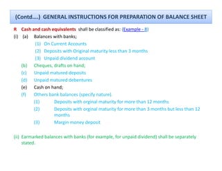(Contd….)  GENERAL INSTRUCTIONS FOR PREPARATION OF BALANCE SHEET
R Cash and cash equivalents  shall be classified as: (Example ‐ 8)
                 q                                   (    p      )
(i) (a) Balances with banks; 
         (1) On Current Accounts
         ( )
         (2) Deposits with Original maturity less than 3 months
               p              g             y
         (3) Unpaid dividend account
    (b) Cheques, drafts on hand;
    ( )
    (c) Unpaid matured deposits
            p              p
    (d) Unpaid matured debentures 
    (e) Cash on hand;
    ()
    (f) Others bank balances (specify nature).
                              (p y            )
        (1)      Deposits with orginal maturity for more than 12 months
        (2)      Deposits with orginal maturity for more than 3 months but less than 12 
                 months
        (3)      Margin money deposit

(ii) Earmarked balances with banks (for example, for unpaid dividend) shall be separately 
     stated.
 