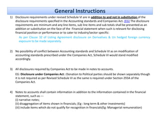 General Instructions
1) Disclosure requirements under revised Schedule VI are in addition to and not in substitution of the 
   disclosure requirements specified in the Accounting standards and Companies Act. (EG) The disclosure 
   requirements are minimum and any line items, sub line items and sub totals shall be presented as an 
   addition or substitution on the face of the  Financial statement when such is relevant for disclosing 
   financial position or performance or to cater to industry/sector specific:
      As per Clause 32 of Listing Agreement disclosure on Derivatives & Un hedged foreign currency
      exposure to be made separately.


2) No possibility of conflict between Accounting standards and Schedule VI as on modification of 
   accounting standards prescribed under the Companies Act, Schedule VI would stand modified 
   accordingly.


3) All disclosures required by Companies Act to be made in notes to accounts
   All disclosures required by Companies Act to be made in notes to accounts.
    EG: Disclosure under Companies Act : Donation to Political parties should be shown separately though 
    it is not required as per Revised Schedule VI as the same is required under Section 293A of the 
    Companies Act.


4) Notes to accounts shall contain information in addition to the information contained in the financial 
   statement, such as ‐‐‐
   (i) narrative notes; 
   (i) narrative notes;
   (ii) disaggregation of items shown in financials; (Eg : long term & other investments)
   (iii) include items which do not qualify for recognition in financials(Eg: Managerial remuneration)
 