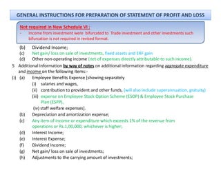 GENERAL INSTRUCTIONS FOR PREPARATION OF STATEMENT OF PROFIT AND LOSS

    Not required in New Schedule VI :
    ‐ Income from investment were  bifurcated to  Trade investment and other investments such 
         bifurcation is not required in revised format.

   (b)     Dividend Income; 
     (c)   Net gain/ loss on sale of investments, fixed assets and ERF gain
           Net gain/ loss on sale of investments fixed assets and ERF gain
     (d)   Other non‐operating income (net of expenses directly attributable to such income).
5 Additional Information by way of notes on additional information regarding aggregate expenditure
    and income on the following items:‐
(i) (a)    Employee Benefits Expense [showing separately
           (i) salaries and wages,
           (ii) contribution to provident and other funds, (will also include superannuation, gratuity)
           (iii) expense on Employee Stock Option Scheme (ESOP) & Employee Stock Purchase
                 expense on Employee Stock Option Scheme (ESOP) & Employee Stock Purchase 
                 Plan (ESPP),
            (iv) staff welfare expenses].
     (b)   Depreciation and amortization expense;
     (c)   Any item of income or expenditure which exceeds 1% of the revenue from 
           operations or Rs.1,00,000, whichever is higher;
     (d)   Interest Income;
     (e)   Interest Expense;
           Interest Expense;
     (f)   Dividend Income;
     (g)   Net gain/ loss on sale of investments;
     (h)   Adjustments to the carrying amount of investments;
 