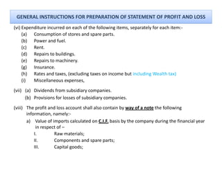 GENERAL INSTRUCTIONS FOR PREPARATION OF STATEMENT OF PROFIT AND LOSS
(vi) Expenditure incurred on each of the following items, separately for each item:‐
     (a) Consumption of stores and spare parts. 
     (b) Power and fuel. 
     (c) Rent. 
     (d) R i t b ildi
          Repairs to buildings. 
     (e) Repairs to machinery. 
     (g) Insurance.
     (h) Rates and taxes (excluding taxes on income but including Wealth tax)
          Rates and taxes, (excluding taxes on income but including Wealth tax)
     (i)  Miscellaneous expenses,

(vii) (a) Dividends from subsidiary companies.
      (b) P i i
          Provisions for losses of subsidiary companies.
                     f l         f b idi            i

(viii) The profit and loss account shall also contain by way of a note the following 
       information, namely:‐
       a) Value of imports calculated on C.I.F. basis by the company during the financial year 
            in respect of –
           I.        Raw materials;
           II.
           II        Components and spare parts;
                     C          t    d           t
           III.      Capital goods;
 