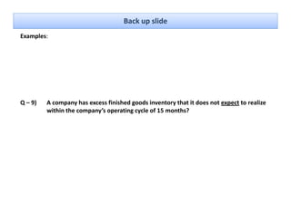 Back up slide
Examples: 




Q – 9)   A company has excess finished goods inventory that it does not expect to realize 
         within the company’s operating cycle of 15 months? 
 