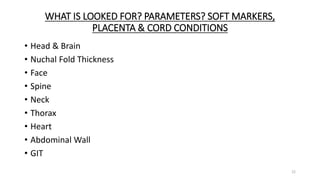 WHAT IS LOOKED FOR? PARAMETERS? SOFT MARKERS,
PLACENTA & CORD CONDITIONS
• Head & Brain
• Nuchal Fold Thickness
• Face
• Spine
• Neck
• Thorax
• Heart
• Abdominal Wall
• GIT
22
 