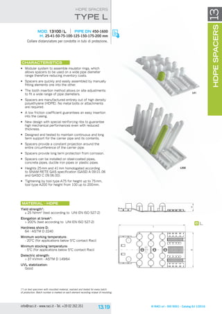 B
L
H
L
© RACI srl - ISO 9001 - Catalog Ed 1/2016info@raci.it - www.raci.it - Tel. +39 02 262.351
(*) on test specimen with moulded material, realized and tested for every batch
of production. Batch number is marked on each element recording nr/year of moulding.
HDPESPACERS13
HDPE SPACERS
CHARACTERISTICS
•	 Modular system to assemble insulator rings, which
allows spacers to be used on a wide pipe diameter
range therefore reducing inventory costs.
•	 Spacers are quickly and easily assembled by manually
fitting elements one into the other.
•	 The tooth insertion method allows on site adjustments
to fit a wide range of pipe diameters.
•	 Spacers are manufactured entirely out of high density
polyethylene (HDPE). No metal bolts or attachments
are required.
•	 A low friction coefficient guarantees an easy insertion
into the casing.
•	 New design with special reinforcing ribs to guarantee
high mechanical performances even with reduced
thickness.
•	 Designed and tested to maintain continuous and long
term support for the carrier pipe and its contents.
•	 Spacers provide a constant projection around the
entire circumference of the carrier pipe.
•	 Spacers provide long term protection from corrosion.
•	 Spacers can be installed on steel-coated pipes,
concrete pipes, ductile iron pipes or plastic pipes.
•	 Heights 25 mm and 41 mm homologated according
to SNAM RETE GAS specification (GASD A 09.01.06
and GASD C 09.06.00).
•	 Tightening by tool type A75 for height up to 75 mm,
tool type A200 for height from 100 up to 200mm.
Material - HDPE
Yield strength*:
≥ 25 N/mm2
(test according to UNI EN ISO 527-2)
Elongation at break*:
 200% (test according to UNI EN ISO 527-2)
Hardness shore D:
64 - ASTM D 2240
Minimum working temperature:
- 20°C (for applications below 5°C contact Raci)
Minimum stocking temperature:
- 5°C (for applications below 5°C contact Raci)
Dielectric strength:
 37 kV/mm - ASTM D 149/64
UVL stabilization:
Good
	 MOD. 13100 / L	 pipe DN 450-1600
H. 25-41-50-75-100-125-150-175-200 mm
Collare distanziatore per condotte in tubi di protezione.
type L
L41
L200
 