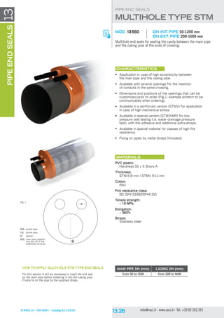 © RACI srl - ISO 9001 - Catalog Ed 1/2016 info@raci.it - www.raci.it - Tel. +39 02 262.351
13
G
O.D.	 jacket pipe
I.D.	 jacket pipe
H	spacer
O.D.	 main pipe: position
	 and size Ø of the
	 additional conduits
Fig. 1
PIPEENDSEALS
MULTIHOLE TYPE STM
PIPE END SEALS
MOD. 13550	 DN INt. pipe 50-1200 mm
	 DN Ext. pipe 200-1600 mm
Multihole end seals for sealing the cavity between the main pipe
and the casing pipe at the ends of crossing.
CHARACTERISTICS
•	 Application in case of high eccentricity between
the main pipe and the casing pipe.
•	 Available with several openings for the insertion
of conduits in the same crossing.
•	 Dimensions and positions of the openings that can be
customized prior to order (Fig.1: example schetch to be
communicated when ordering).
•	 Available in a reinforced version (STMV) for application
in case of high mechanical stress.
•	 Available in special version (STM-KMR) for low-
pressure seal testing (i.e. water drainage pressure
test), with the adhesive and additional extra-straps.
•	 Available in special material for classes of high fire
resistance.
•	 Fixing on pipes by metal straps (included).
Materials
PVC plastic:
Hardness 50 ± 5 Shore A
Thickness:
STM 6-8 mm / STMV 9-11mm
Colour:
Red
Fire resistance class:
B2 (DIN 53382/DN4102)
Tensile strength:
≥ 18 MPa
Elongation:
~ 360%
Straps:
Stainless steel
MAIN PIPE DN (mm) CASING DN (mm)
from 50 to1200 from 200 to1600For this version it will be necessary to insert the end seal
on the main pipe before installing it into the casing pipe.
Finally fix on the pipe by the supplied straps.
HOW TO APPLY MULTIHOLE STM TYPE END SEALS
 