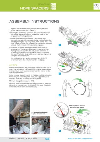 © RACI srl - ISO 9001 - Catalog Ed 1/2016info@raci.it - www.raci.it - Tel. +39 02 262.351
HDPE SPACERS
13
MOUNTING
1.	Insert a spacer element in the next one, leaving the ends
of the ring open, as shown in figure 1.
2.	During this preliminary operation, the connection between
the spacer elements must not exceed the value of two
engaged teeth (enlarged detail).
3.	Close the spacer ring by winding it around the pipe;
complete the operation manually closing the two free ends.
Start tightening the ring using the suitable clamp. Make sure
that, for each connection between two contiguous elements,
at least the third tooth in the socket is engaged.
4.	Continue to tighten the ring around the pipe, carefully
ensuring that the tightening between the elements is as
homogeneous as possible. Do not use any extension as
a lever on the wrench on the rack as this could damage
the tool. The tool is designed to ensure a proper tightening
using the designed ratchet.
	 For pipes with a very smooth outer surface (PVC-PE
or similar), follow the indications on the next page.
key tips
Before the insertion in the jacket pipe, use the suitable tool to
check the tightness of the rings on the pipe because changes
in temperature could cause expansions on the pipe or on the
spacer ring’s elements.
In the crossing phase, the ends of the pipe must be supported.
Particularly for concrete jacket pipes, we suggest to use a
lubricant especially for heavy duty applications.
Minimum storage temperature: -20°C
Minimum application temperature: where possible to bring the
elements to a temperature of at least 5°C to allow the plastic
material to return to the desired flexibility.
ASSEMBLY INSTRUCTIONS
1
2
3
OK!
4
NO!
NEVER use additional extensions
to the normal lever supplied
It is possible to change the lever
to right or left handed mode.
OK! 2nd notch
 
