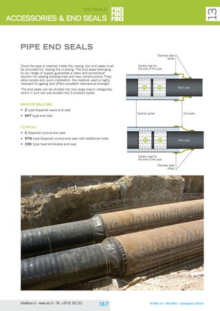 © RACI srl - ISO 9001 - Catalog Ed 1/2016info@raci.it - www.raci.it - Tel. +39 02 262.351
ACCESSORIES & END SEALS
13
end seals
Once the pipe is inserted inside the casing, two end seals must
be provided for closing the crossing. The end seals belonging
to our range of supply guarantee a clean and economical
solution for sealing existing lines and new constructions. They
allow simple and quick installation, the material used is highly
resistant to ageing and offers excellent mechanical strength.
The end seals can be divided into two large macro categories,
which in turn are sub-divided into 5 product types.
WAVE OR BELLOWS
•	 Z type Espansit wave end seal
•	 EKF type end seal
CONICAL
•	 C Espansit conical end seal
•	 STM type Espansit conical end seal with additional holes
•	 CSK type heat-shrinkable end seal
PIPE END SEALS
Stainless steel
straps
End seals
Main pipe
Main pipe
External jacket
Double rings for
the ends of the pipe
Double rings for
the ends of the pipe
Stainless steel
straps
 