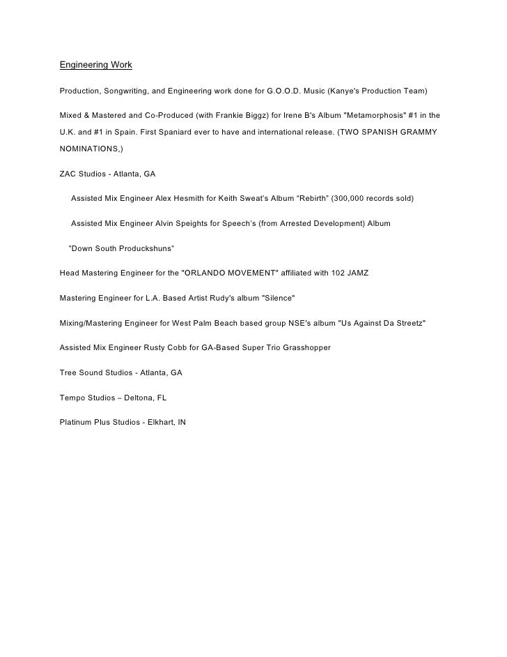 production songwriting engineering resume