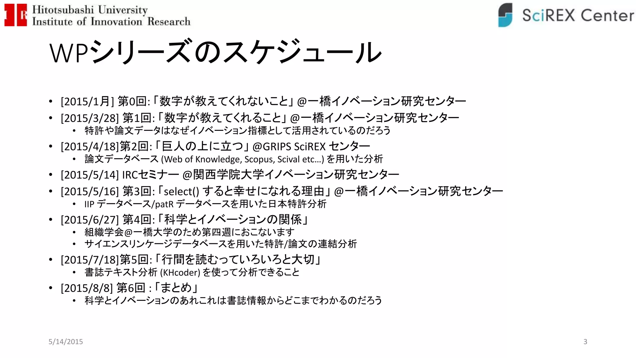 WPシリーズのスケジュール
• [2015/1月] 第0回: 「数字が教えてくれないこと」 @一橋イノベーション研究センター
• [2015/3/28] 第1回: 「数字が教えてくれること」 @一橋イノベーション研究センター
• 特許や論文データはなぜイノベーション指標として活用されているのだろう
• [2015/4/18]第2回: 「巨人の上に立つ」 @GRIPS SciREX センター
• 論文データベース (Web of Knowledge, Scopus, Scival etc…) を用いた分析
• [2015/5/14] IRCセミナー @関西学院大学イノベーション研究センター
• [2015/5/16] 第3回: 「select() すると幸せになれる理由」 @一橋イノベーション研究センター
• IIP データベース/patR データベースを用いた日本特許分析
• [2015/6/27] 第4回: 「科学とイノベーションの関係」
• 組織学会@一橋大学のため第四週におこないます
• サイエンスリンケージデータベースを用いた特許/論文の連結分析
• [2015/7/18]第5回: 「行間を読むっていろいろと大切」
• 書誌テキスト分析 (KHcoder) を使って分析できること
• [2015/8/8] 第6回 : 「まとめ」
• 科学とイノベーションのあれこれは書誌情報からどこまでわかるのだろう
5/14/2015 3
 