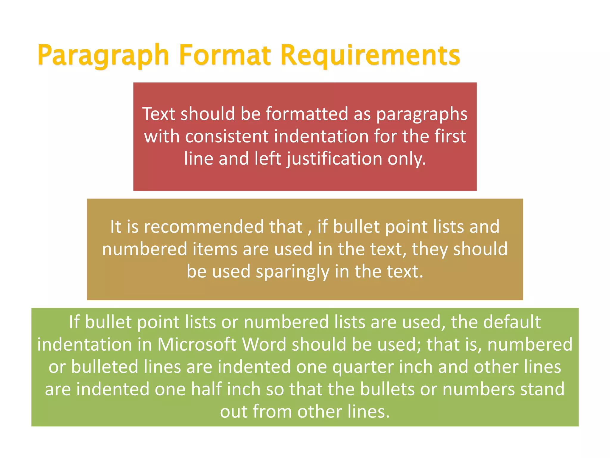 Paragraph Format Requirements
Text should be formatted as paragraphs
with consistent indentation for the first
line and left justification only.
It is recommended that , if bullet point lists and
numbered items are used in the text, they should
be used sparingly in the text.
If bullet point lists or numbered lists are used, the default
indentation in Microsoft Word should be used; that is, numbered
or bulleted lines are indented one quarter inch and other lines
are indented one half inch so that the bullets or numbers stand
out from other lines.
 