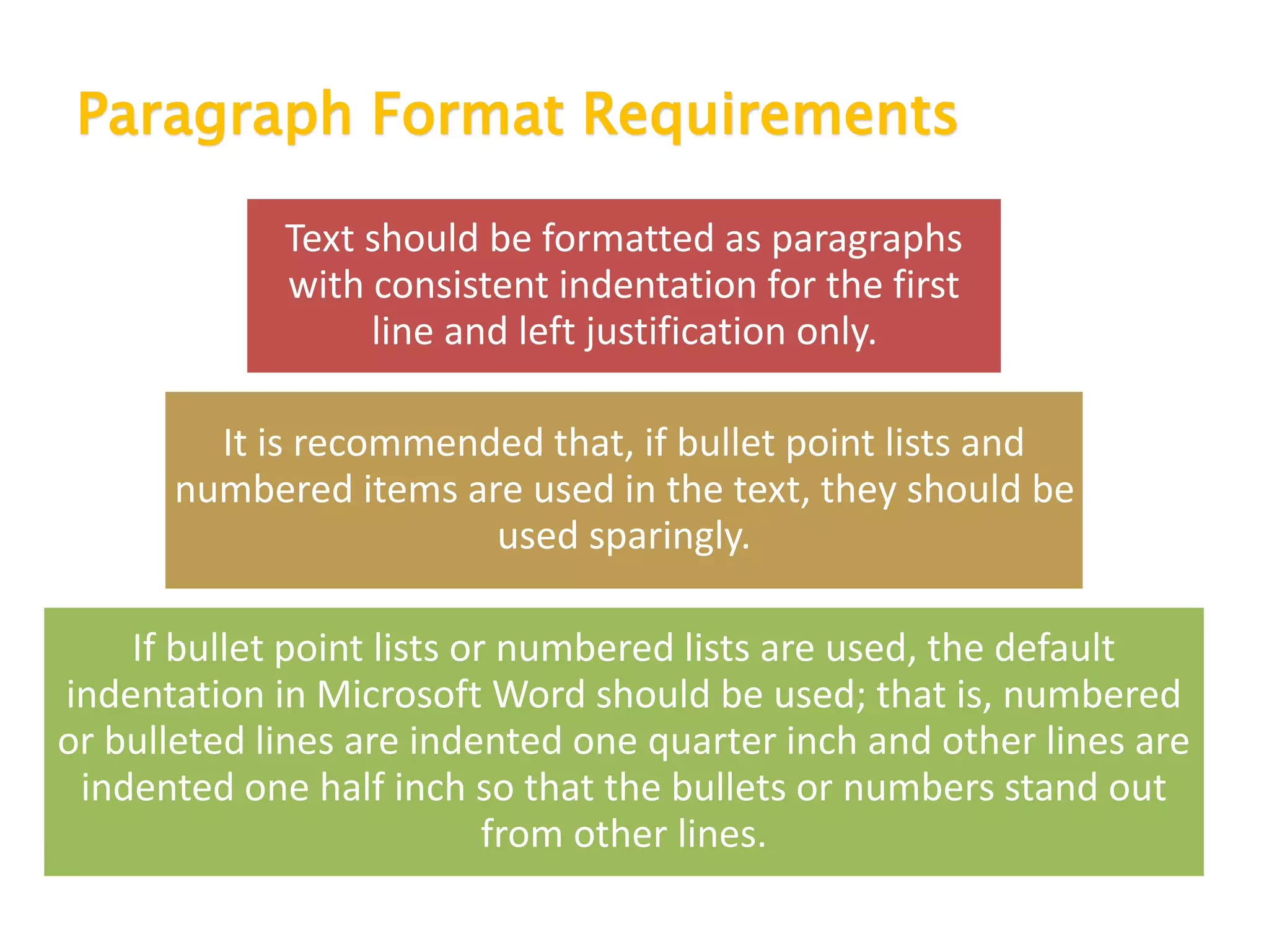 Paragraph Format Requirements
Text should be formatted as paragraphs
with consistent indentation for the first
line and left justification only.
It is recommended that, if bullet point lists and
numbered items are used in the text, they should be
used sparingly.
If bullet point lists or numbered lists are used, the default
indentation in Microsoft Word should be used; that is, numbered
or bulleted lines are indented one quarter inch and other lines are
indented one half inch so that the bullets or numbers stand out
from other lines.
 