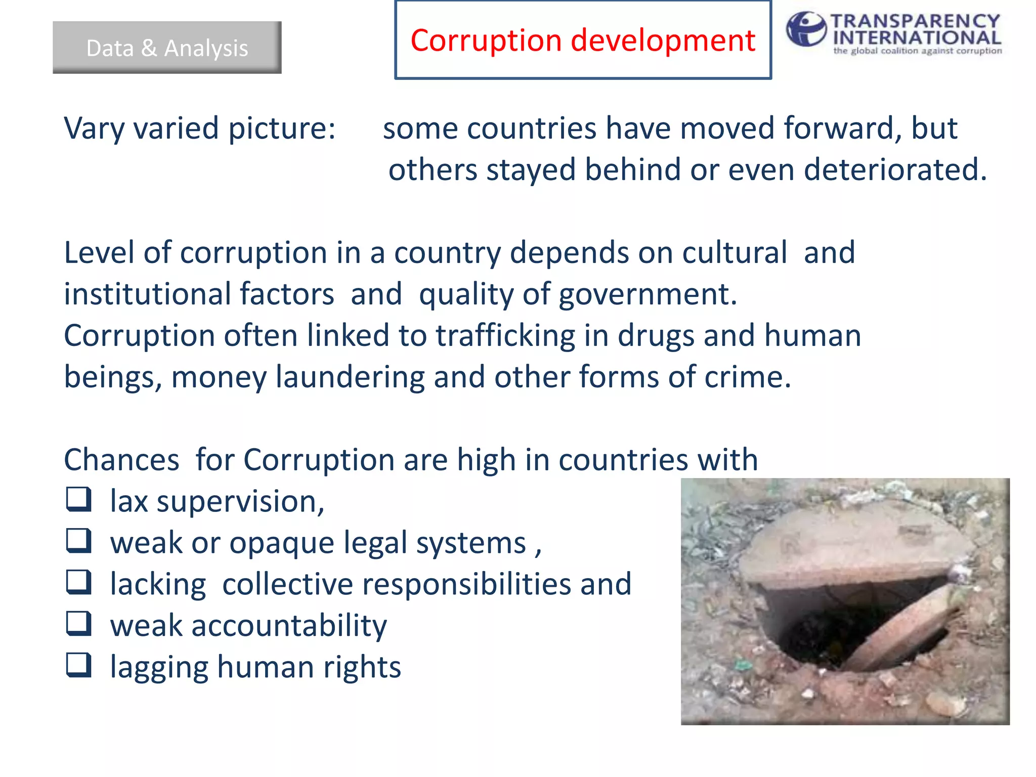 Data & Analysis        Corruption development

Vary varied picture:   some countries have moved forward, but
                       others stayed behind or even deteriorated.

Level of corruption in a country depends on cultural and
institutional factors and quality of government.
Corruption often linked to trafficking in drugs and human
beings, money laundering and other forms of crime.

Chances for Corruption are high in countries with
 lax supervision,
 weak or opaque legal systems ,
 lacking collective responsibilities and
 weak accountability
 lagging human rights
 