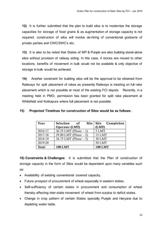 Action Plan for construction of Steel Silos by FCI – Jan 2016
11
12) It is further submitted that the plan to build silos is to modernize the storage
capacities for storage of food grains & as augmentation of storage capacity is not
required, construction of silos will involve de-hiring of conventional godowns of
private parties and CWC/SWC’s etc.
13) It is also to be noted that States of MP & Punjab are also building stand-alone
silos without provision of railway siding. In this case, if stocks are moved to other
locations, benefits of movement in bulk would not be available & only objective of
storage in bulk would be achieved.
14) Another constraint for building silos will be the approval to be obtained from
Railways for split placement of rakes as presently Railways is insisting on full rake
placement which is not possible at most of the existing FCI depots. Recently, in a
meeting held in PMO, permission has been granted for split rake placement at
Whitefield and Kotkapura where full placement is not possible.
15) Projected Timelines for construction of Silos would be as follows:
Year Selection of Silo
Operator (LMT)
Silo Completion
(LMT)
2016-17 36.25 LMT (Phase – 1) 5 LMT
2017-18 29.00 LMT (Phase – 2) 15 LMT
2018-19 34.75 LMT (Phase – 3) 30 LMT
2019-20 50 LMT
Total 100 LMT 100 LMT
16) Constraints & Challenges: It is submitted that the Plan of construction of
storage capacity in the form of Silos would be dependent upon many variables such
as:
 Availability of existing conventional covered capacity.
 Future prospect of procurement of wheat especially in eastern states.
 Self-sufficiency of certain states in procurement and consumption of wheat
thereby affecting inter-state movement of wheat from surplus to deficit states.
 Change in crop pattern of certain States specially Punjab and Haryana due to
depleting water table.
 