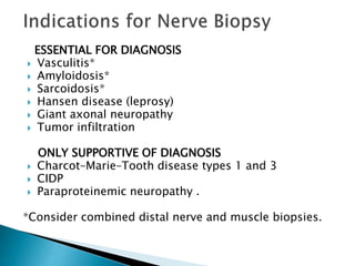 ESSENTIAL FOR DIAGNOSIS
 Vasculitis*
 Amyloidosis*
 Sarcoidosis*
 Hansen disease (leprosy)
 Giant axonal neuropathy
 Tumor infiltration
ONLY SUPPORTIVE OF DIAGNOSIS
 Charcot–Marie–Tooth disease types 1 and 3
 CIDP
 Paraproteinemic neuropathy .
*Consider combined distal nerve and muscle biopsies.
 