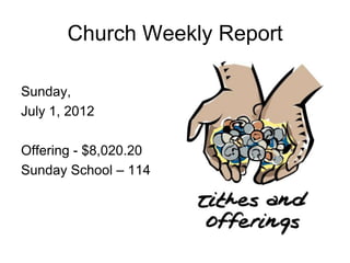 Church Weekly Report

Sunday,
July 1, 2012

Offering - $8,020.20
Sunday School – 114
 