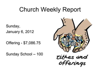 Church Weekly Report

Sunday,
January 6, 2012

Offering - $7,086.75

Sunday School – 100
 