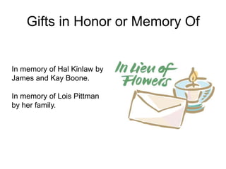 Gifts in Honor or Memory Of


In memory of Hal Kinlaw by
James and Kay Boone.

In memory of Lois Pittman
by her family.
 