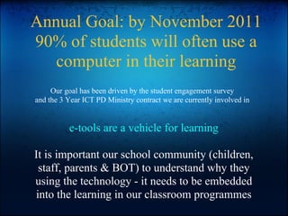 e-tools are a vehicle for learning
It is important our school community (children,
staff, parents & BOT) to understand why they
using the technology - it needs to be embedded
into the learning in our classroom programmes
Annual Goal: by November 2011
90% of students will often use a
computer in their learning
Our goal has been driven by the student engagement survey
and the 3 Year ICT PD Ministry contract we are currently involved in
 