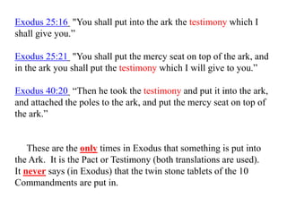 Exodus 25:16 "You shall put into the ark the testimony which I
shall give you.”
Exodus 25:21 "You shall put the mercy seat on top of the ark, and
in the ark you shall put the testimony which I will give to you.”
Exodus 40:20 “Then he took the testimony and put it into the ark,
and attached the poles to the ark, and put the mercy seat on top of
the ark.”
These are the only times in Exodus that something is put into
the Ark. It is the Pact or Testimony (both translations are used).
It never says (in Exodus) that the twin stone tablets of the 10
Commandments are put in.
 