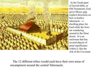 In the Torah (part
of Jewish bible, or
Old Testament), God
gives Moses very
explicit directions on
how to build a
tabernacle – a
dwelling place for
God while the Jews
are wandering
around in the Sinai
desert. It is an
enclosure that has
several objects of
great significance
within it, like the
Ark of the Covenant.
The 12 different tribes would each have their own areas of
encampment around the central Tabernacle.
 