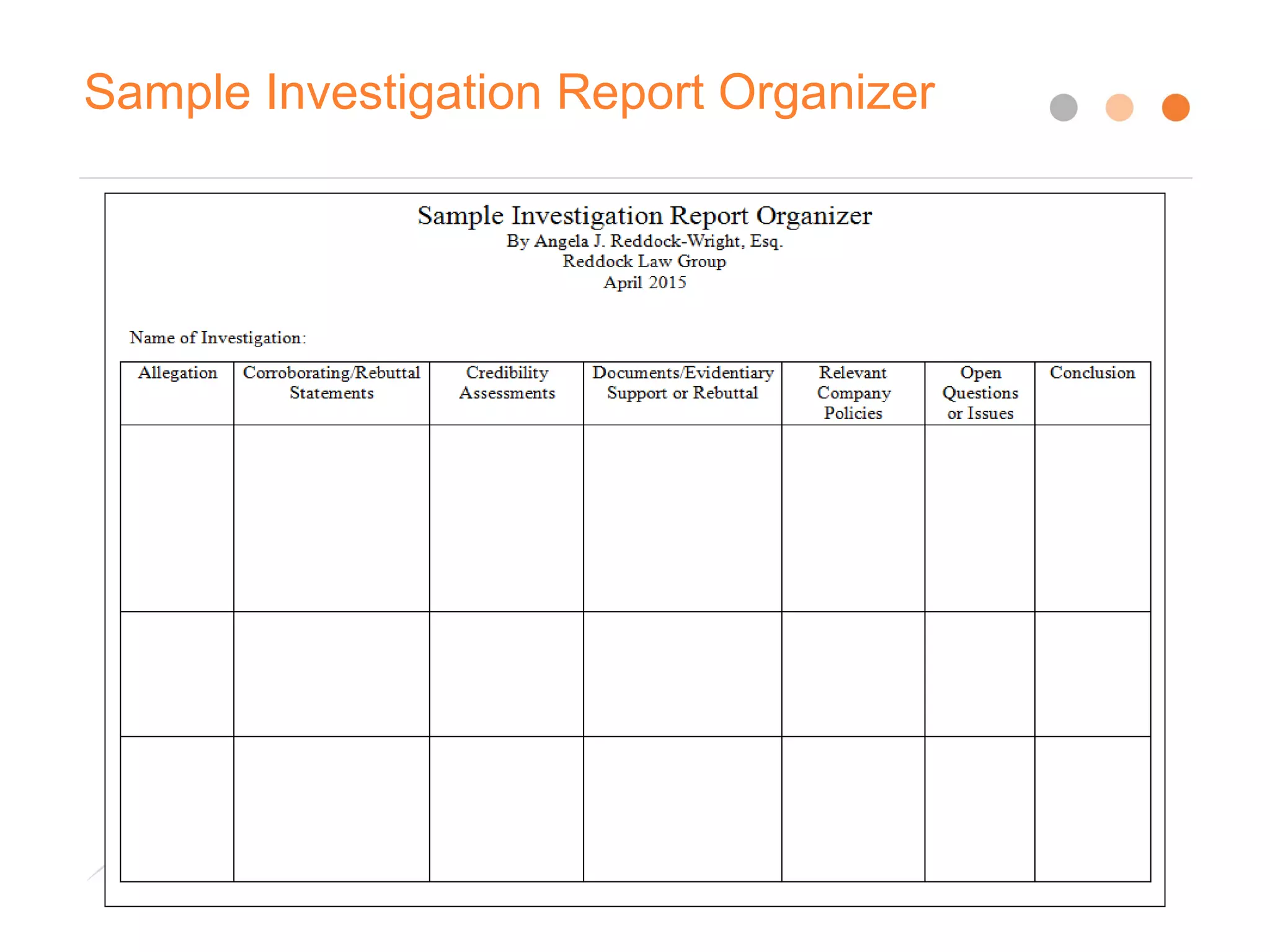 Sample Investigation Report Organizer
 