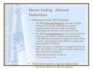 Means Testing:  Allowed Deductions <ul><li>Deductions under IRS Standards </li></ul><ul><ul><li>The IRS  National Standard...
