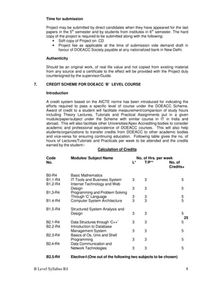 B Level Syllabus R4 8
Time for submission
Project may be submitted by direct candidates when they have appeared for the last
papers in the 5th
semester and by students from institutes in 6th
semester. The hard
copy of the project is required to be submitted along with the following:
• Soft copy of Project on CD
• Project fee as applicable at the time of submission vide demand draft in
favour of DOEACC Society payable at any nationalized bank in New Delhi.
Authenticity
Should be an original work, of real life value and not copied from existing material
from any source and a certificate to the effect will be provided with the Project duly
countersigned by the supervisor/Guide.
7. CREDIT SCHEME FOR DOEACC ‘B’ LEVEL COURSE
Introduction
A credit system based on the AICTE norms has been introduced for indicating the
efforts required to pass a specific level of course under the DOEACC Scheme.
Award of credit to a student will facilitate measurement/comparison of study hours
including Theory Lectures, Tutorials and Practical Assignments put in a given
mudule/paper/subject under the Scheme with similar course in IT in India and
abroad. This will also facilitate other Universities/Apex Accrediting bodies to consider
academic and professional equivalence of DOEACC courses. This will also help
students/organizations to transfer credits from DOEACC to other academic bodies
and vice-versa for ensuring continuing education. Following table gives the no. of
hours of Lectures/Tutorials and Practicals per week to be attended and the credits
earned by the student:-
Calculation of Credits
Code Modules/ Subject Name No. of Hrs. per week
No. L* T/P** No. of
Credits+
B0-R4 Basic Mathematics
B1.1-R4 IT Tools and Business System 3 3 5
B1.2-R4 Internet Technology and Web
Design 3 3 5
B1.3-R4 Programming and Problem Solving
Through ‘C’ Language 3 3 5
B1.4-R4 Computer System Architecture 3 3 5
B1.5-R4 Structured System Analysis and
Design 3 3 5
25
B2.1-R4 Data Structures through ‘C++’ 3 3 5
B2.2-R4 Introduction to Database
Management System 3 3 5
B2.3-R4 Basics of Os, Unix and Shell
Programming 3 3 5
B2.4-R4 Data Communication and
Network Technologies 3 3 5
B2.5-R4 Elective-I (One out of the following two subjects to be chosen)
 
