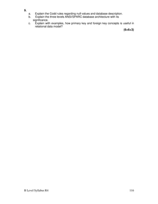 B Level Syllabus R4 116
9.
a. Explain the Codd rules regarding null values and database description.
b. Explain the three levels ANSI/SPARC database architecture with its
significance.
c. Explain with examples, how primary key and foreign key concepts is useful in
relational data model?
(6+6+3)
 