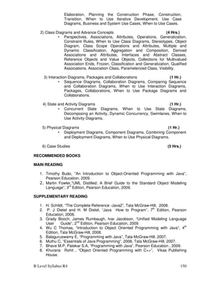 B Level Syllabus R4 150
Elaboration, Planning the Construction Phase, Construction,
Transition, When to Use Iterative Development, Use Case
Diagrams, Business and System Use Cases, When to Use Cases.
2) Class Diagrams and Advance Concepts (4 Hrs.)
• Perspectives, Associations, Attributes, Operations, Generalization,
Constraint Rules, When to Use Class Diagrams, Stereotypes, Object
Diagram, Class Scope Operations and Attributes, Multiple and
Dynamic Classification, Aggregation and Composition, Derived
Associations and Attributes, Interfaces and Abstract Classes,
Reference Objects and Value Objects, Collections for Multivalued
Association Ends, Frozen, Classification and Generalization, Qualified
Associations, Association Class, Parameterized Class, Visibility.
3) Interaction Diagrams, Packages and Collaborations (1 Hr.)
• Sequence Diagrams, Collaboration Diagrams, Comparing Sequence
and Collaboration Diagrams, When to Use Interaction Diagrams,
Packages, Collaborations, When to Use Package Diagrams and
Collaborations.
4) State and Activity Diagrams (1 Hr.)
• Concurrent State Diagrams, When to Use State Diagrams,
Decomposing an Activity, Dynamic Concurrency, Swimlanes, When to
Use Activity Diagrams.
5) Physical Diagrams (1 Hr.)
• Deployment Diagrams, Component Diagrams, Combining Component
and Deployment Diagrams, When to Use Physical Diagrams.
6) Case Studies (5 Hrs.)
RECOMMENDED BOOKS
MAIN READING
1. Timothy Budo, ”An Introduction to Object-Oriented Programming with Java”,
Pearson Education, 2009.
2. Martin Fowler,”UML Distilled: A Brief Guide to the Standard Object Modeling
Language”, 3rd
Edition, Pearson Education, 2009.
SUPPLEMENTARY READING
1. H. Schildt, “The Complete Reference -Java2”, Tata McGraw-Hill, 2008.
2. P. J Dietel and H. M Dietel, “Java How to Program”, 7th
Edition, Pearson
Education, 2008.
3. Grady Booch, James Rumbaugh, Ivar Jacobson, “Unified Modeling Language
User Guide”, 2nd
Edition, Pearson Education, 2009.
4. Wu C Thomas, “Introduction to Object Oriented Programming with Java”, 4th
Edition, Tata McGraw-Hill, 2008.
5. Balaguruswamy E, “Programming with Java”, Tata McGraw-Hill, 2007.
6. Muthu C, “Essentials of Java Programming”, 2008, Tata McGraw-Hill, 2007.
7. Bhave M.P, Patekar S.A, “Programming with Java”, Pearson Education , 2009.
8. Khurana Rohit , “Object Oriented Programming with C++”, Vikas Publishing
House.
 
