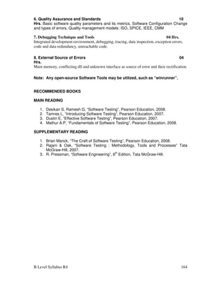 B Level Syllabus R4 164
6. Quality Assurance and Standards 10
Hrs. Basic software quality parameters and its metrics, Software Configuration Change
and types of errors, Quality management models: ISO, SPICE, IEEE, CMM
7. Debugging Technique and Tools 04 Hrs.
Integrated development environment, debugging, tracing, data inspection, exception errors,
code and data redundancy, unreachable code.
8. External Source of Errors 04
Hrs.
Main memory, conflicting dll and unknown interface as source of error and their rectification.
Note: Any open-source Software Tools may be utilized, such as “winrunner”.
RECOMMENDED BOOKS
MAIN READING
1. Desikan S, Ramesh G, “Software Testing”, Pearson Education, 2008.
2. Tamres L, “Introducing Software Testing”, Pearson Education, 2007.
3. Dustin E, “Effective Software Testing”, Pearson Education, 2007.
4. Mathur A.P, “Fundamentals of Software Testing”, Pearson Education, 2008.
SUPPLEMENTARY READING
1. Brian Marick, “The Craft of Software Testing”, Pearson Education, 2008.
2. Rajani  Oak, “Software Testing : Methodology, Tools and Processes” Tata
McGraw-Hill, 2007.
3. R. Pressman, “Software Engineering”, 6th
Edition, Tata McGraw-Hill.
 