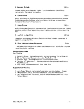 B Level Syllabus R4 181
5. Algebraic Methods (6) hrs
Groups, order of a group element, cosets , Lagrange’s theorem, permutations,
representation of groups by permutation.
6. Combinations (9) hrs
Basics of counting, the Pigeonhole principle, permutation and combination, Discrete
Probability generating functions, recurrence rotation, Divide and conquer relation,
Inclusion and exclusion with applications.
7. Graph Theory (9) hrs
Multigraph and weighted graphs, paths  circuits, Eulerian paths nd circuits, the traveling
salesman problem, planer graphs, trees, spanning trees, cut sets, minimum spanning
tree.
8. Analysis of Algorithms (5) hrs
Algorithms and programs, efficiency of algorithms. Big ‘O’ notation, comparison of
algorithm, sorting algorithm.
9. Finite start machines and languages (7) hrs
Languages and grammars, finite state of machines with output and without, Language
recognition, turting machines.
Recommended Books
Main Reading
1. Kenneth N. Rosen, “Discrete Mathematics and its applications, Tata McGraw Hill.
2. C.L. Liu, “Elements of Discrete mathematics Tata McGraw Hill.
3. Norman L. Biggs “ Discrete Mathematics Oxford University Press”
4. Trembling, J.P.  Manohar P, “ Discrete mathematical structure with applications,
Tata McGraw Hill.
5. Vinay Kumar, Discrete Mathematics, BPB, India, 2002
Supplementary Readings
1. John Truss, “ Discrete mathematics for computer scientists, Addison – Wesley
2. M. Lipson and Lipshutz, “Discrete Mathematics, Schaum’s Outline series.
3. M.O. Albertson and P. Hutchinson, “Discrete Mathematics with Algorithm, “John
Wiley and sons.
 
