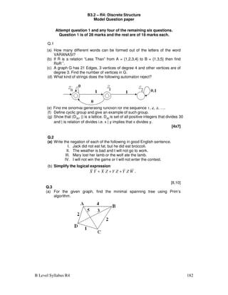 B Level Syllabus R4 182
B3.2 – R4: Discrete Structure
Model Question paper
Attempt question 1 and any four of the remaining six questions.
Question 1 is of 28 marks and the rest are of 18 marks each.
Q.1
(a) How many different words can be formed out of the letters of the word
VARANASI?
(b) If R is a relation “Less Than” from A = {1,2,3,4} to B = {1,3,5} then find
RoR-1
.
(c) A graph G has 21 Edges, 3 vertices of degree 4 and other vertices are of
degree 3. Find the number of vertices in G.
(d) What kind of strings does the following automaton reject?
(e) Find the binomial generating function for the sequence 1, 2, 3, ….
(f) Define cyclic group and give an example of such group.
(g) Show that (D30
, |) is a lattice. D30
is set of all positive integers that divides 30
and | is relation of divides i.e. x | y implies that x divides y.
[4x7]
Q.2
(a) Write the negation of each of the following in good English sentence.
I. Jack did not eat fat, but he did eat broccoli.
II. The weather is bad and I will not go to work.
III. Mary lost her lamb or the wolf ate the lamb.
IV. I will not win the game or I will not enter the contest.
(b) Simplify the logical expression
W
Z
Y
Z
Y
Z
X
Y
X +
+
+ .
[8,10]
Q.3
(a) For the given graph, find the minimal spanning tree using Prim’s
algorithm.
 