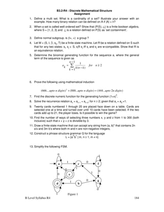 B Level Syllabus R4 184
B3.2-R4 : Discrete Mathematical Structure
Assignment
1. Define a multi set. What is a cardinality of a set? Illustrate your answer with an
example. How many binary relation can be defined on A if |A| = n?
2. When a set is called well ordered set? Show that (P(S), ⊆) is a finite boolean algebra,
where S = {1, 2, 3} and ⊆ is a relation defined on P(S) as ‘set containment’.
3. Define normal subgroup. is (I+, +) a group ?
4. Let M = (S, I, ℑ, s0, T) be a finite state machine. Let R be a relation defined on S such
that for any two states: si, sj ∈ S, siR sj iff si and sj are w-compatible. Show that R is
an equivalence relation.
5. Determine the binomial generating function for the sequence a, where the general
term of the sequence is given as
2
1
1
)
(
1
≥
−
=
−
= ∑ n
for
n
k
k
n
k
k
a
6. Prove the following using mathematical induction
)
2
...
444
(
)
...
888
(
)
....
666
( 2
digits
n
upto
digits
n
upto
digits
n
upto =
+
7. Find the discrete numeric function for the generating function (1+x)
5
.
8. Solve the recurrence relation an = an−1 + an−2; for n ≥ 2; given that a1 = a2 =1.
9. Twenty cards numbered 1 through 20 are placed face down on a table. Cards are
selected one at a time and turned over until 10 cards have been selected. If the two
cards add up to 21, the player loses. Is it possible to win the game?
10. Find the number of ways of selecting three numbers x, y and z from 1 to 300 (both
inclusive) such that x + y + z is divisible by 3.
11. Draw a finite state machine that can accept any string from {a, b}* that contains 2n
a’s and 3m b’s where both m and n are non-negative integers.
12. Construct a phrase structure grammar G for the language
L = {a
m
b
n
| m, n ≥ 1, m ≠ n}
13. Simplify the following FSM.
a c
b
f
g
e
d
1 0
1
1
1
0
0
1
0
0
1 0
1
0
Figure 1
 