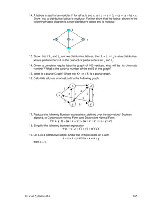 B Level Syllabus R4 185
14. A lattice is said to be modular if, for all a, b and c, a ≤ c ⇒ a ∨ (b ∧ c) = (a ∨ b) ∧ c.
Show that a distributive lattice is modular. Further show that the lattice shown in the
following Hasse diagram is a non-distributive lattice and is modular.
15. Show that if L1
and L2
are two distributive lattices, then L = L1
× L2
is also distributive,
where partial order in L is the product of partial orders in L1
and L2
.
14. Given a complete regular bipartite graph of 100 vertices, what will be its chromatic
number? What is the cardinal number of the set E of this graph?
15. What is a planar Graph? Show that Kn (n  5) is a planar graph.
16. Calculate all pairs shortest path in the following graph.
17. Reduce the following Boolean expressions, defined over the two-valued Boolean
algebra, to Conjunctive Normal Form and Disjunctive Normal Form.
f(w, x, y, z) = (w ∧ x ∧ y’) ∨ (w ∧ x’ ∧ z) ∨ (x ∧ y’∧ z’)
18. Simplify the following boolean expression
w (x + y ( z + x’) + y’) + w’x’y’z’
19. Let L is a distributive lattice. Show that if there exists an a with
a ∧ x = a ∧ y and a ∨ x = a ∨ y
then x = y.
0
y z
x
I
b
c
a
e
d
3
2 7
3
6
2 1
4
5
 